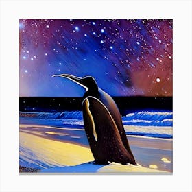 Penguin On Moonlit Beach Canvas Print