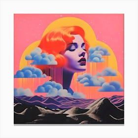 Risograph Style Surreal Scene, Redhead Woman & Clouds Canvas Print