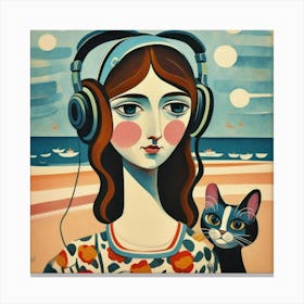 Girl With Headphones And A Cat 2 Canvas Print