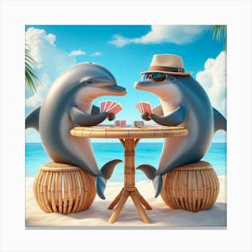 Dolphins Playing Cards On The Beach Canvas Print