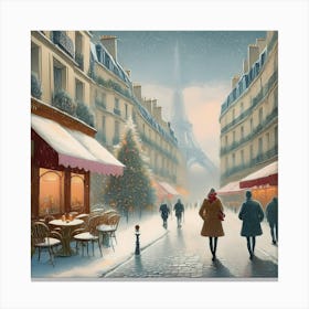 Paris cafes, winter season, Christmas, pale colors, pedestrians in the street, winter clothes, falling snow.11 1 Canvas Print