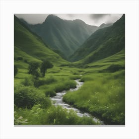 A Landscape Amidst Mountains Greenery And A Small Water Stream (1) Canvas Print