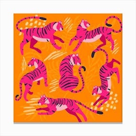 Vibrant Pink Tigers On Bright Orange Square Canvas Print