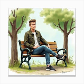 Watercolor Of Justin Bieber Sitting On A Park Bench, Trees All Around Canvas Print