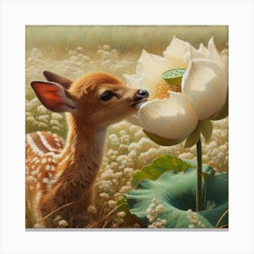 Baby deer and a huge flower Canvas Print
