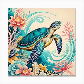 The Sea Turtle, Turquoise, Blue, Yellow and Pink Canvas Print