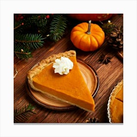 Firefly Pumpkin, Pie, Slice, Whipped, Cream, Close Up, Wooden, Table, Top View, Thanksgiving, Food, (2) Canvas Print