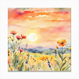 Wildflowers Sunset, Square Retro Art, Flower Fields Canvas Print