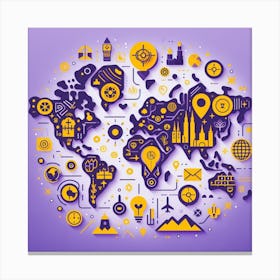 Purple and Yellow Travel: A Charming and Beautiful Illustration of a World Map with Icons in Purple and Yellow Colors Canvas Print