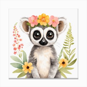 Floral Baby Lemur Nursery Illustration (13) Canvas Print