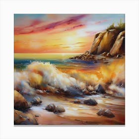 Artwork, oil colors, sea and sunset, seashore, beach rocks.San Francisco, USA.10 Canvas Print