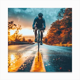 Cyclist On A Rainy Road Canvas Print