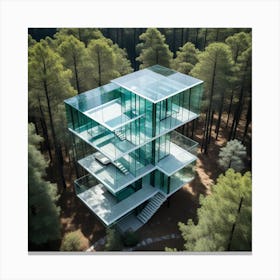 Edificio Moderno Totalmente De Vidrio En El Medio Del Bosque Canvas Print