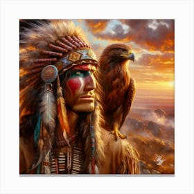 Oil Texture Native American Indian With Hawk On Shoulder Canvas Print