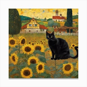Gustav Klimt Inspired , Farm Garden With Sunflowers And A Black Cat 7 Canvas Print