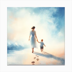 Mother And Child Walking On The Beach Canvas Print
