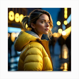 Woman in down jacket, walking in luminous city at night 1 Canvas Print