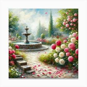 Rose Garden With The Fountain, Acrylic Style Painting 12 Canvas Print