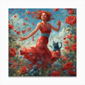 The cat and the dancing blue woman 1 Canvas Print