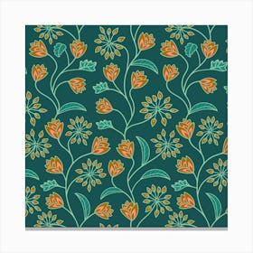 TANGLED Boho Floral Botanical Vines in Cottage Garden Brown Pink Chartreuse on Dark Teal Canvas Print