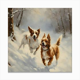 Two Dogs Running In The Snow Canvas Print