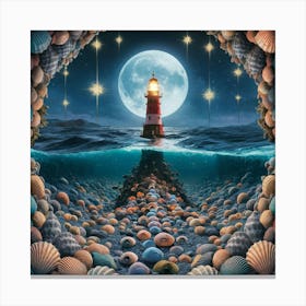 Seashells And Lighthouse Canvas Print