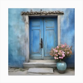 Blue wall. An old-style door in the middle, silver in color. There is a large pottery jar next to the door. There are flowers in the jar Spring oil colors. Wall painting.3 Canvas Print