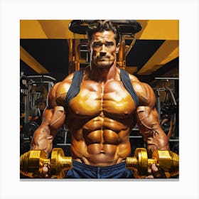 Bodybuilder Lifting Golden Dumbell In Gym | Pop Art Canvas Print