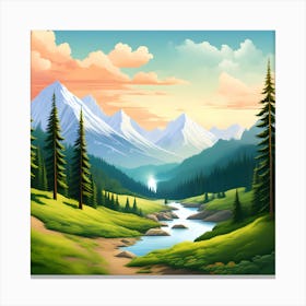 Landscape With Mountains And River Canvas Print