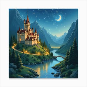 Elven City With Twinkling Lights, Watercolor 1 Canvas Print