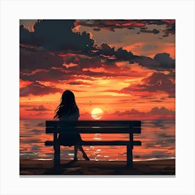 Sunset Girl Sitting On Bench Canvas Print