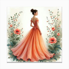 Chic Model In Watercolor Gown, Lush Floral Setting 1 Canvas Print