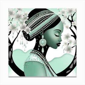 Black Woman With Flowers Japanese textured Monohromatic Canvas Print
