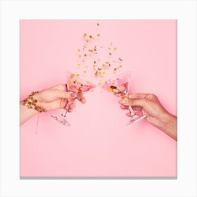 Two Hands Toasting Over Pink Background Canvas Print