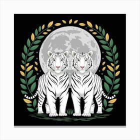 White Tiger Standing In Front Of A Full Moon Canvas Print