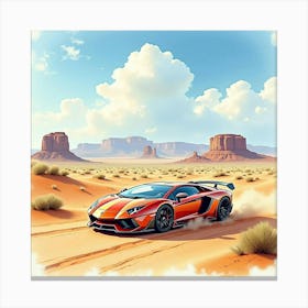 Exotic Car By A Scenic Desert, Watercolor Painting 1 Canvas Print