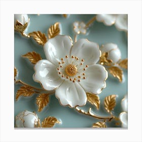 White Flowers With Gold Leaves Canvas Print