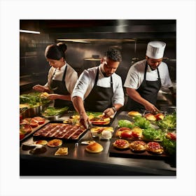 Overhead View Of A Burger Kitchen In Action Chefs Proudly Plating Gourmet Burgers Stunning Stainle 555813656 (1) Canvas Print