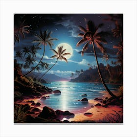 Abstract Tropical Ocean Landscape Night Moon Fantasy Palms Cove Canvas Print