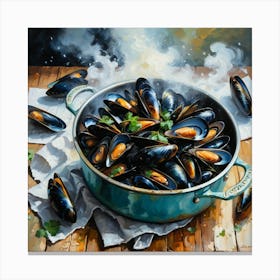 Mussels In A Pot top view Canvas Print