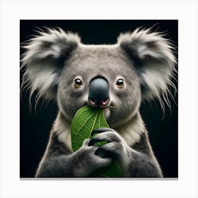 Cute Koala chewing on leaf portrait isolated on black background 2 Canvas Print