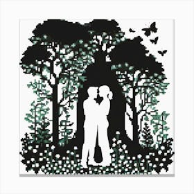 Couple In The Forest, Silhouettes Of Two People Hugging Surrounded By Elements Of Nature Flowers Trees Growing 1 Canvas Print