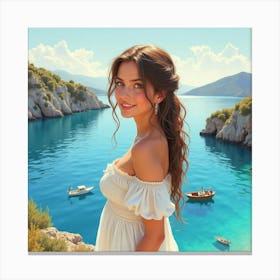 Enchanting Greek Woman In Watercolor, With The Serene Waters Of A Traditional Bay 1 Canvas Print