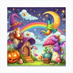 Halloween Witch And Monsters Canvas Print