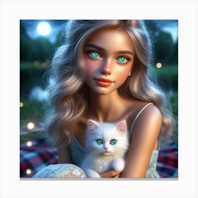 Beautiful Girl With Cat Canvas Print