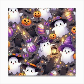 Halloween Cute Ghosts On Purple Pattern Canvas Print