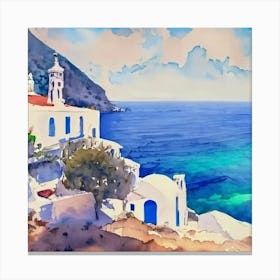 Greek White Village By The Sea Canvas Print