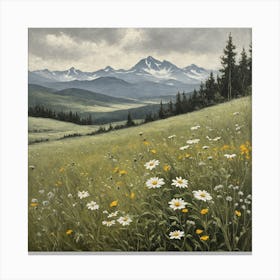 Vintage Oil Painting of Wild Flowers in a Meadow, Mountains in the Background 20 Canvas Print