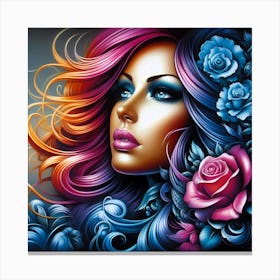 Girl With Colorful Hair And Roses Canvas Print