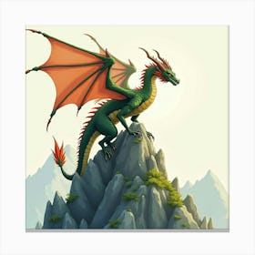 Ancient Dragon Perched On A Mystical Peak, Watercolor 1 Canvas Print